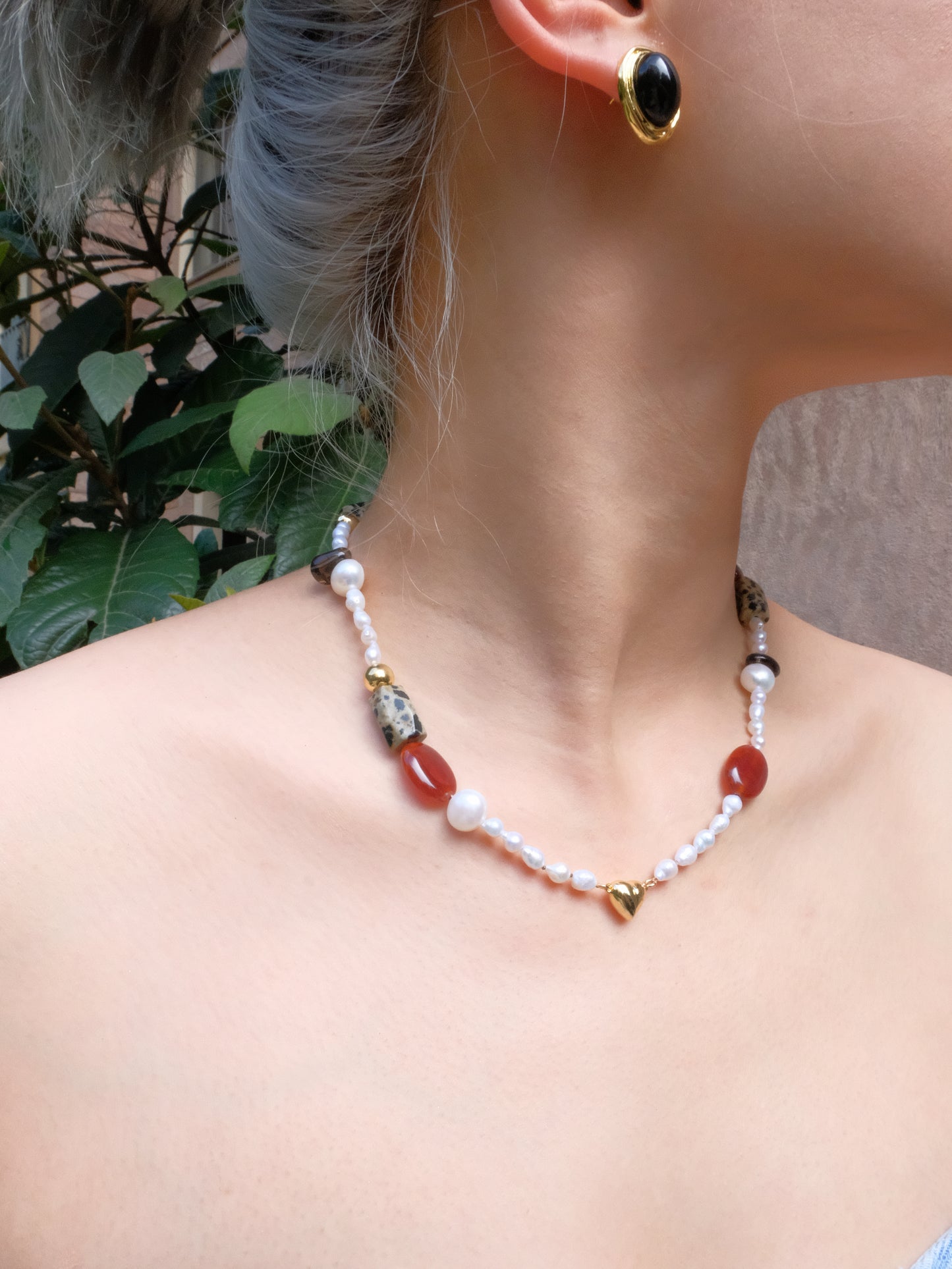 'Volcanic Series' Orange Red Agate Tea Crystal Baroque Pearl Collar Chain/Necklace