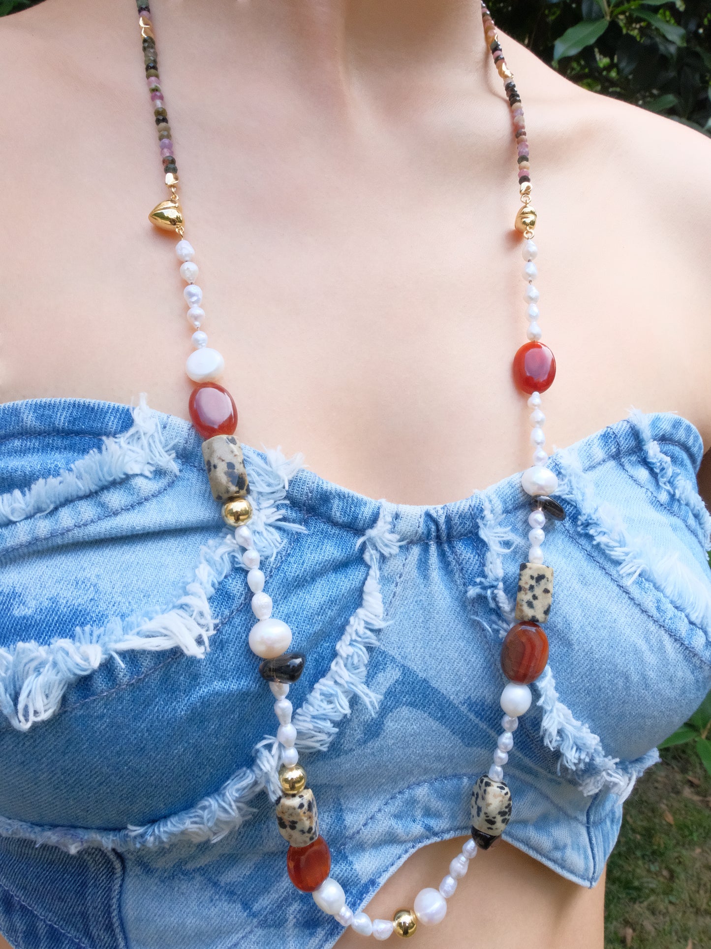'Volcanic Series' Orange Red Agate Tea Crystal Baroque Pearl Collar Chain/Necklace