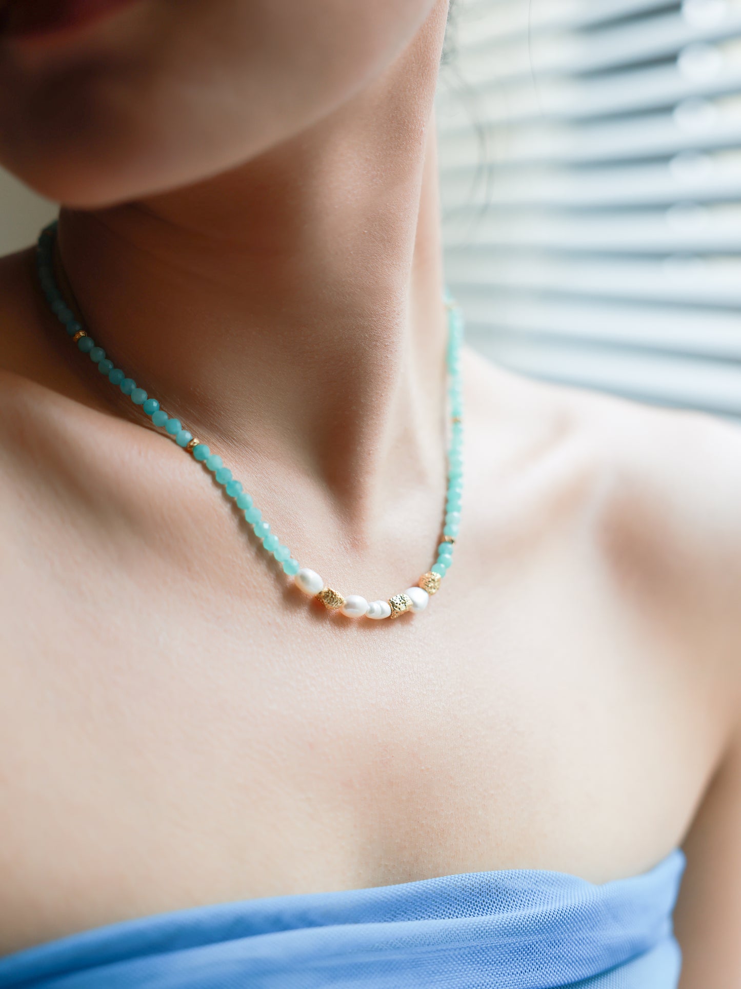Baroque pearls, natural river stone, collar chain-Blue