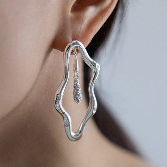 Zircon-encrusted sea wave wind chime earrings-Sliver