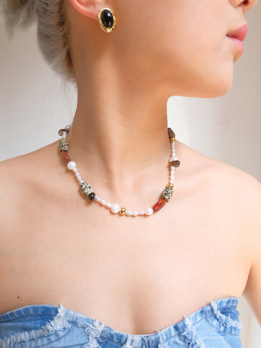 'Volcanic Series' Orange Red Agate Tea Crystal Baroque Pearl Collar Chain/Necklace